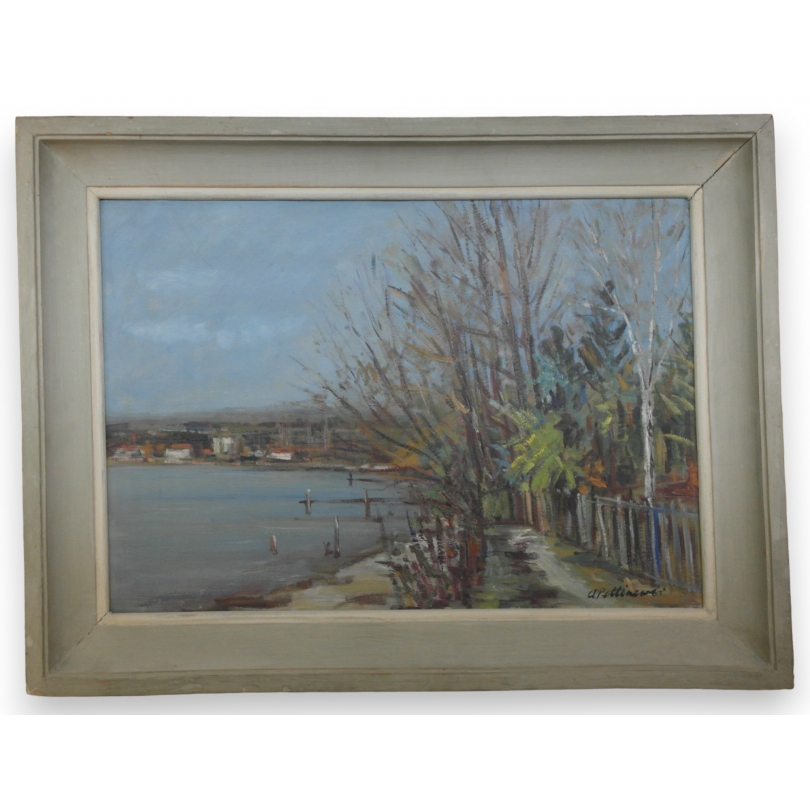 Huile sur bois "Vue sur le bord du lac