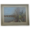 Huile sur bois "Vue sur le bord du lac
