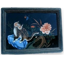 Peinture sous-verre "Chat", décor de fleurs.