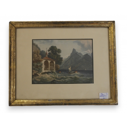 Gravure aquarellée "Chapelle de Guillaume Tell"  sur Moinat SA  - Antiquités décoration -  Gouaches, Aquarelles, Pastels