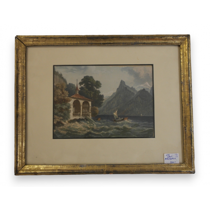 Gravure aquarellée "Chapelle de Guillaume Tell"  sur Moinat SA  - Antiquités décoration -  Gouaches, Aquarelles, Pastels
