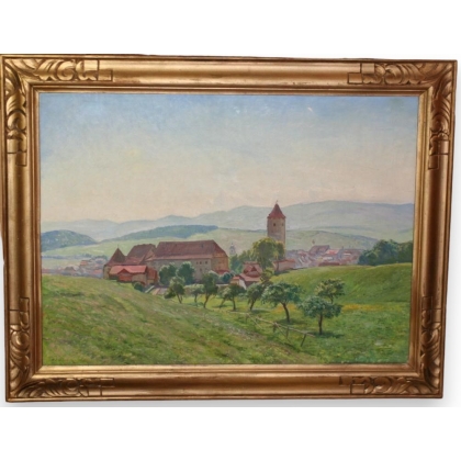 Tableau "Vue de Porrentruy", signé.