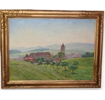 Tableau "Vue de Porrentruy", signé.