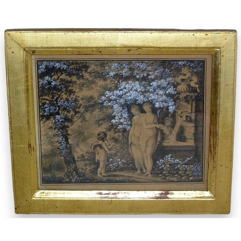 Gravure "Nymphes" réhausée de gouache