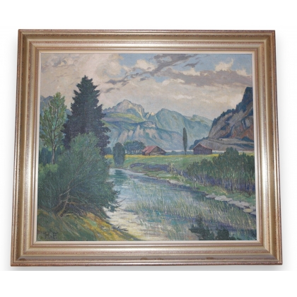 Huile sur toile \"rivière\" monogrammé H.F