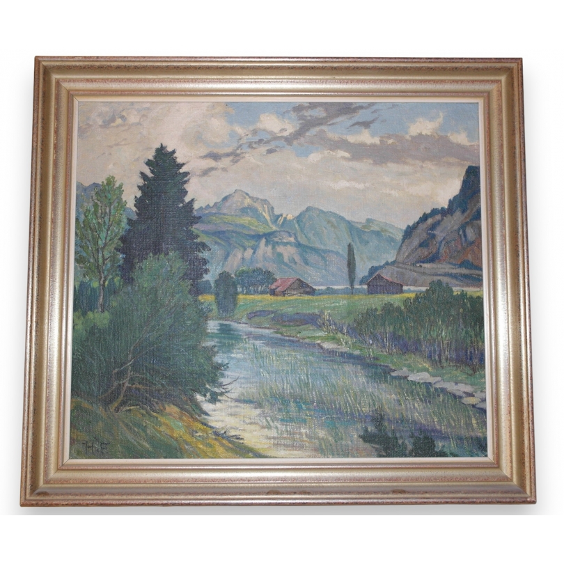 Huile sur toile "rivière" monogrammé H.F