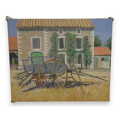 Huile sur toile \"Charrette\", non signée