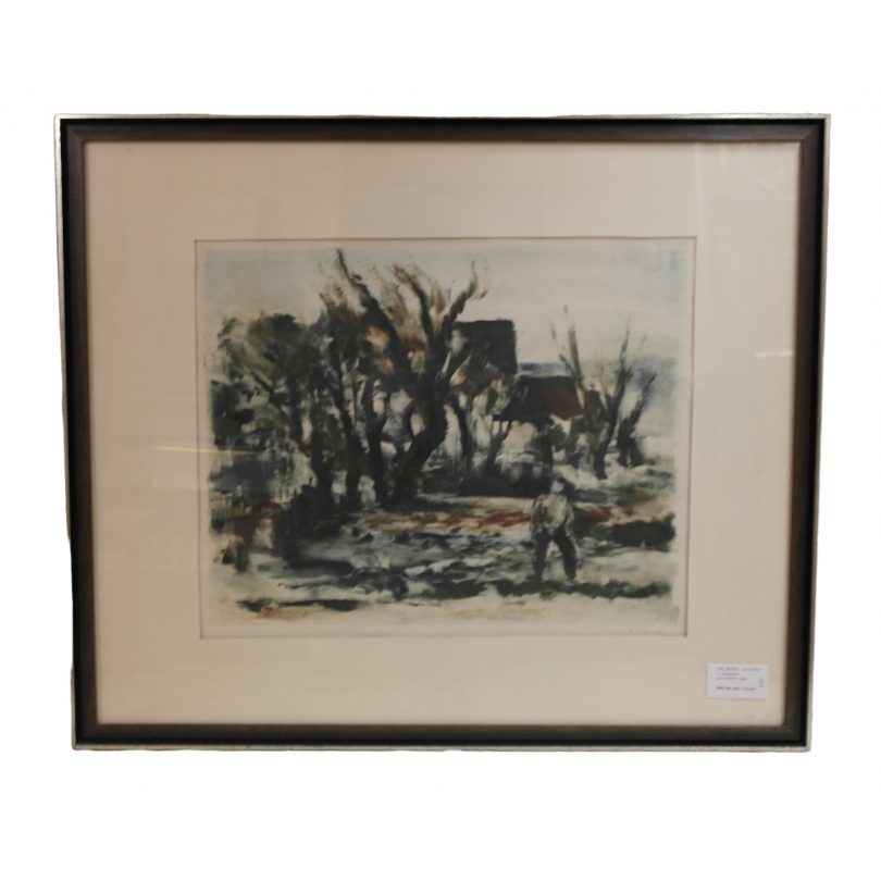 Lithographie "Personnage dans un jardin"