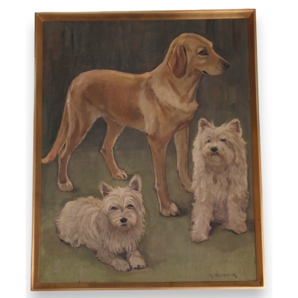 Huile sur toile \"3 chiens\" signée G. BURKARD