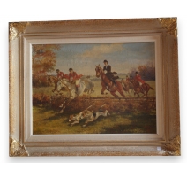 Huile sur toile "Chasse à cour" signée R. DE PAOLI