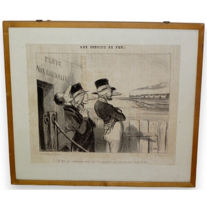Satirical engraving ‘Les chemins de fer’ depicting Moinat SA – Antiques and decorative items – Engravings, lithographs
