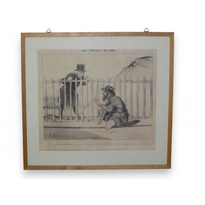 Satirical engraving ‘Les chemins de fer’ depicting Moinat SA – Antiques and decorative items – Engravings, lithographs