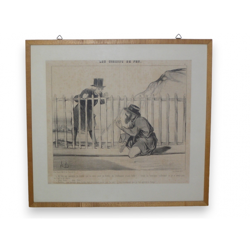 Satirical engraving ‘Les chemins de fer’ depicting Moinat SA – Antiques and decorative items – Engravings, lithographs