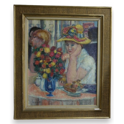 Huile sur toile \"femme au bouquet\"