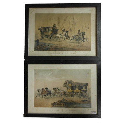 Paire de gravures "La diligence" et "La  sur Moinat SA  - Antiquités décoration -  Gravures, Lithos