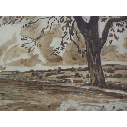 Aquarelle sépia "Paysage" signée David  sur Moinat SA  - Antiquités décoration -  Gouaches, Aquarelles, Pastels