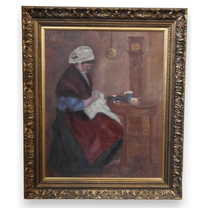 Huile sur toile \"femme brodant\" signé