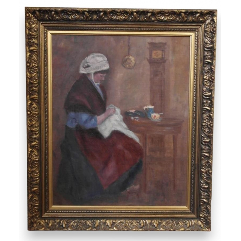 Paintings | Oil on canvas, ‘Woman Embroidering’, signed Moinat SA  – Antiques and home décor
