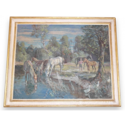Huile sur toile \"chevaux\" signé H. BANDI