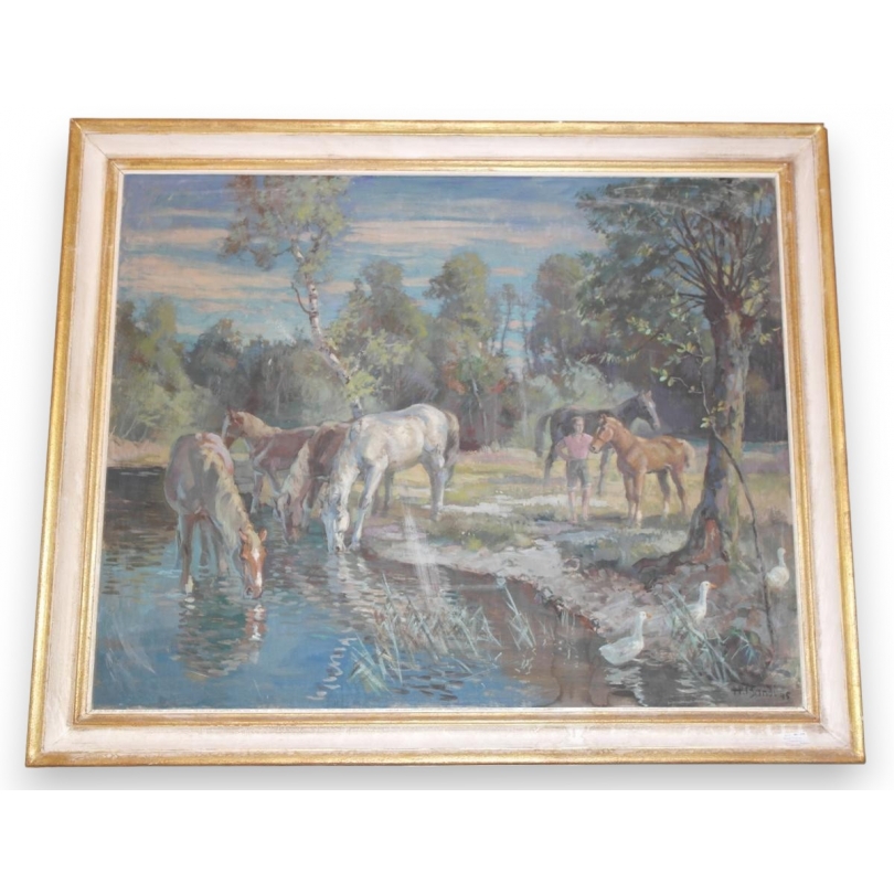Huile sur toile "chevaux" signé H. BANDI