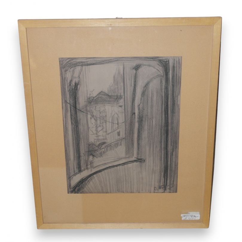 Dessin "Vue d'une fenêtre" signé O. VAUTIER