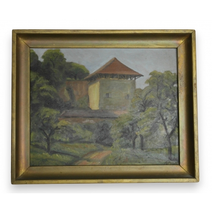Huile sur pavatex \"Maison\" signée A. Barbey