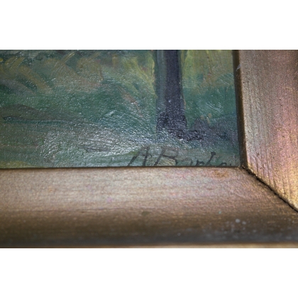 Paintings | Oil on Pavatex, ‘Maison’, signed A. Moinat SA  – Antiques and home décor
