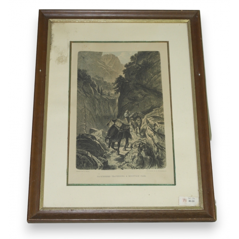 Gravure "Packhorses traversing a mountain pass"