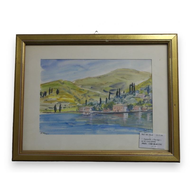 Aquarelle "Bord du lac" signée M.  sur Moinat SA  - Antiquités décoration -  Gouaches, Aquarelles, Pastels
