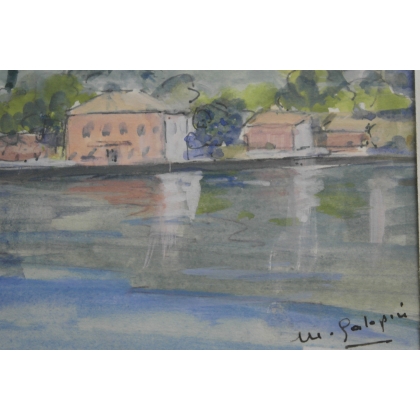 Aquarelle "Bord du lac" signée M.  sur Moinat SA  - Antiquités décoration -  Gouaches, Aquarelles, Pastels