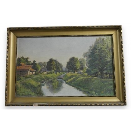 Huile sur toile \"Canal d\'Yverdon\" de J. JACCARD