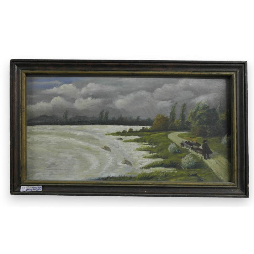 Huile sur panneau "L'approche de l'orage"