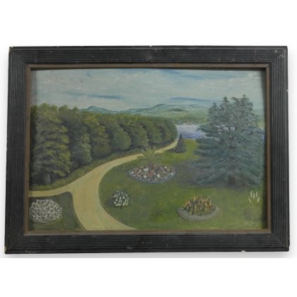 Huile sur panneau \"Jardin au bord du lac\"