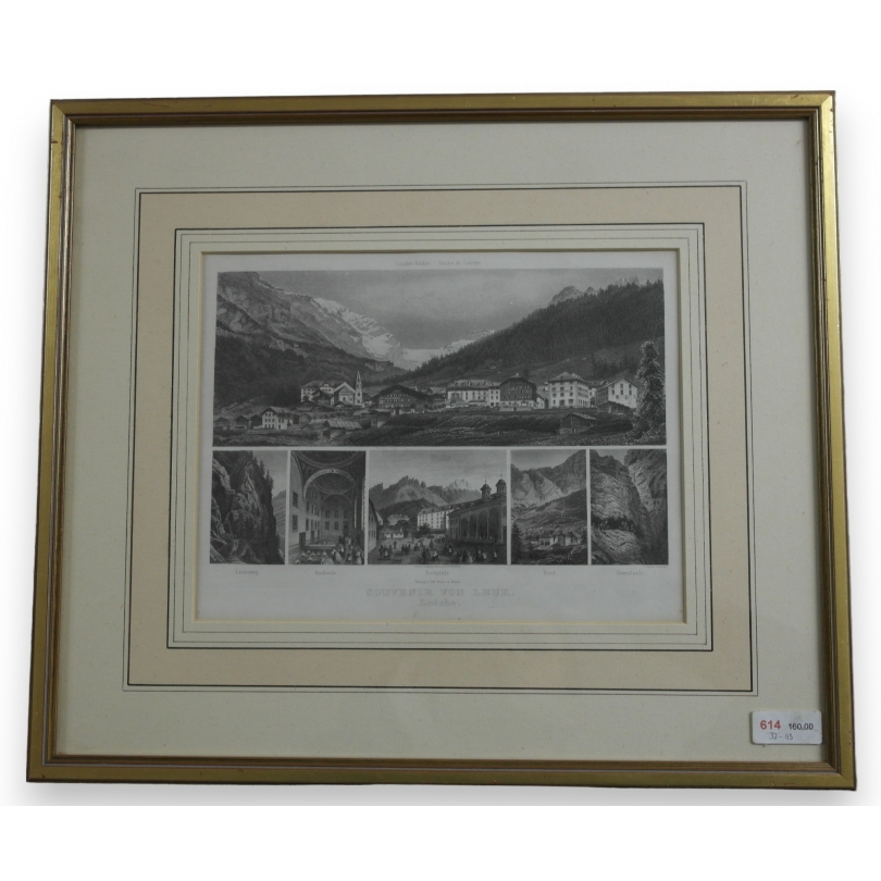 Engraving "Souvenir von Leuk" by Loëche sur Moinat SA – Antiques and decorative items – Engravings, lithographs