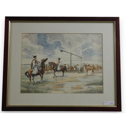 Aquarelle "Gauchos au puit" signé Maday  sur Moinat SA  - Antiquités décoration -  Gouaches, Aquarelles, Pastels