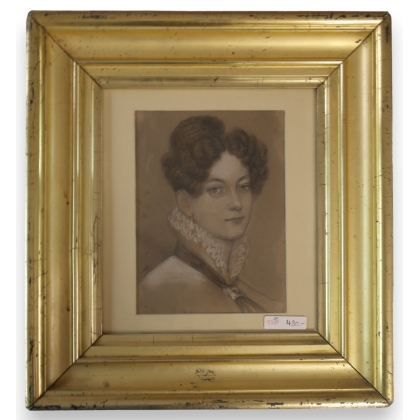  Dessin portrait "Femme", cadre doré sur  Moinat SA  - Antiquités décoration
