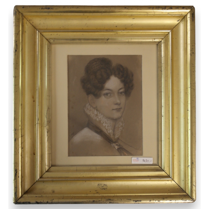  Dessin portrait "Femme", cadre doré sur  Moinat SA  - Antiquités décoration