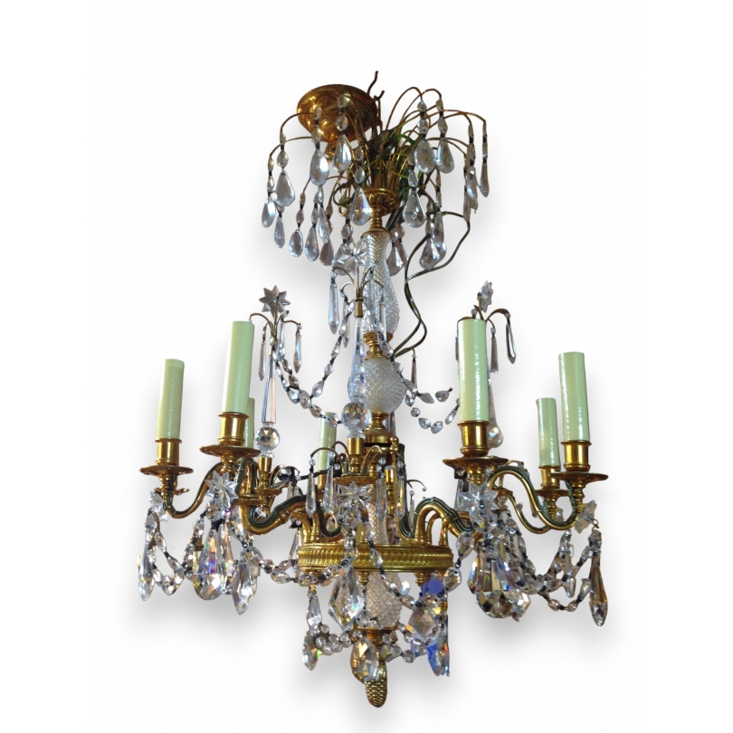 Lustre en bronze doré et cristaux à 8