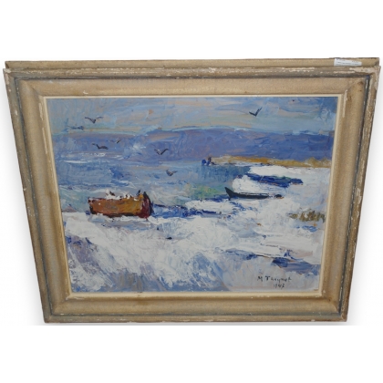 Huile sur carton \"Bord de mer\" signé THEYNET
