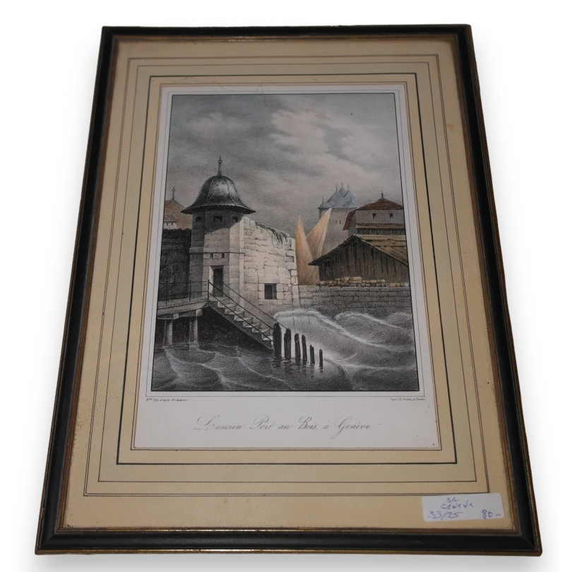 Engraving: ‘The Old Harbour at Le Bois-à-sur-Moinat SA’ – Antiques and home décor – Engravings, lithographs