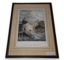 Gravure "L'ancien port au bois à Genève"