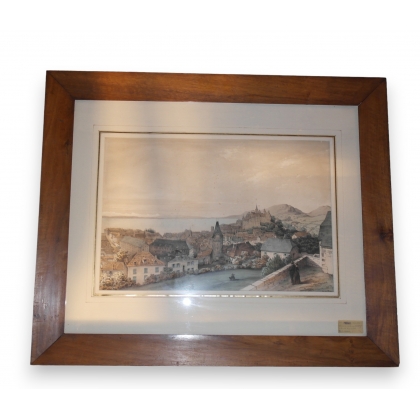 Coloured engraving ‘City of Neuchâtel’ by Moinat SA – Antiques and decorative items – Engravings, lithographs