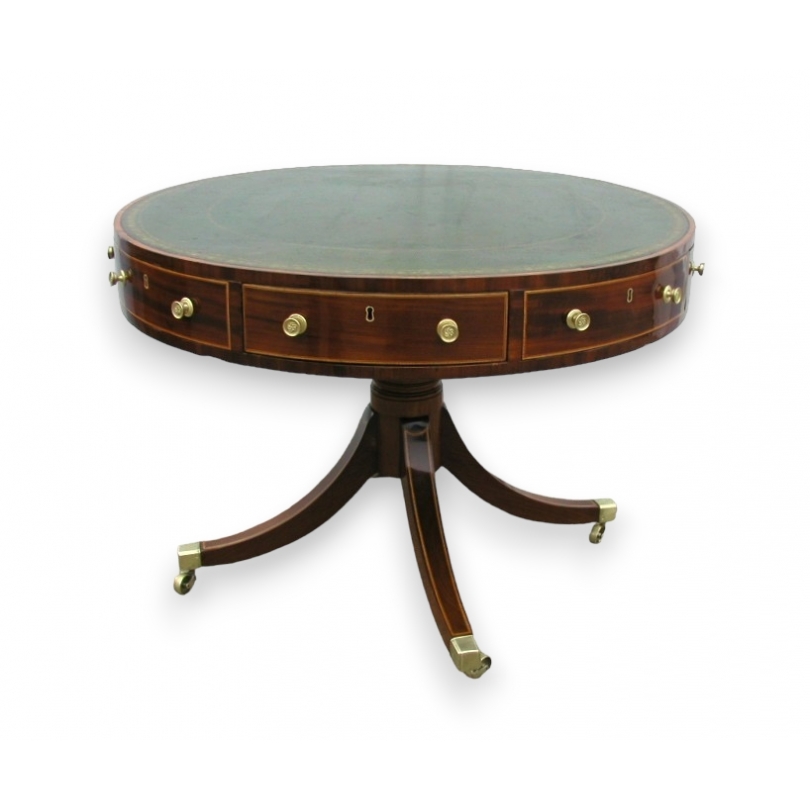 Table tambour. Dessus cuir vert.