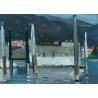 Tableau "Le débarcadère de Locarno", signé.