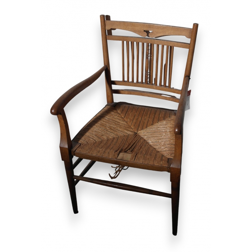 Fauteuil 1900 en chêne, paillé