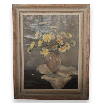 Huile sur carton \"Fleurs jaunes dans un