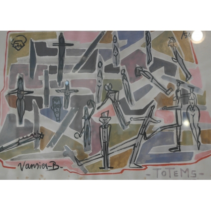 Gouache "Totems" signé Vansier-B 54  sur Moinat SA  - Antiquités décoration -  Gouaches, Aquarelles, Pastels