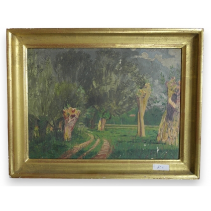 Tableau \"Chemin bordé d\'arbre\" signé A. MATTHEY