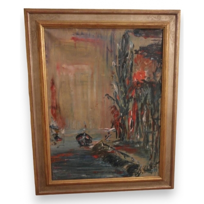 Huile sur toile \"Bateau sur le canal\"