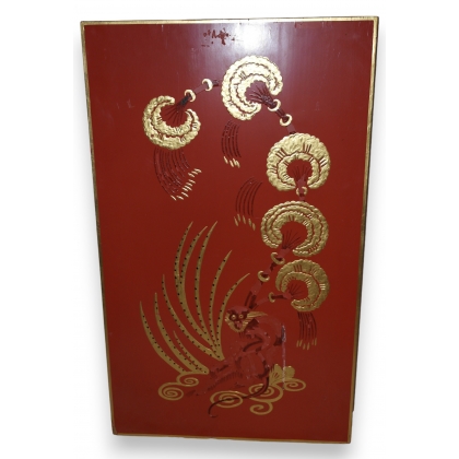 Tableau en laque \"Ouistiti\" Rouge et or
